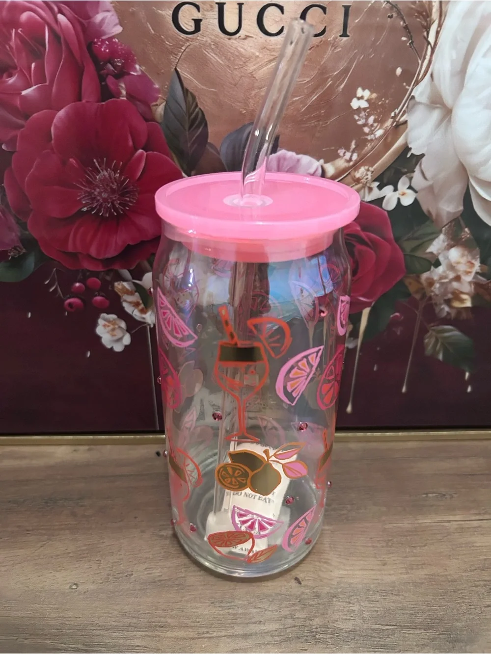 Pink Citrus Glass Tumbler with Straw